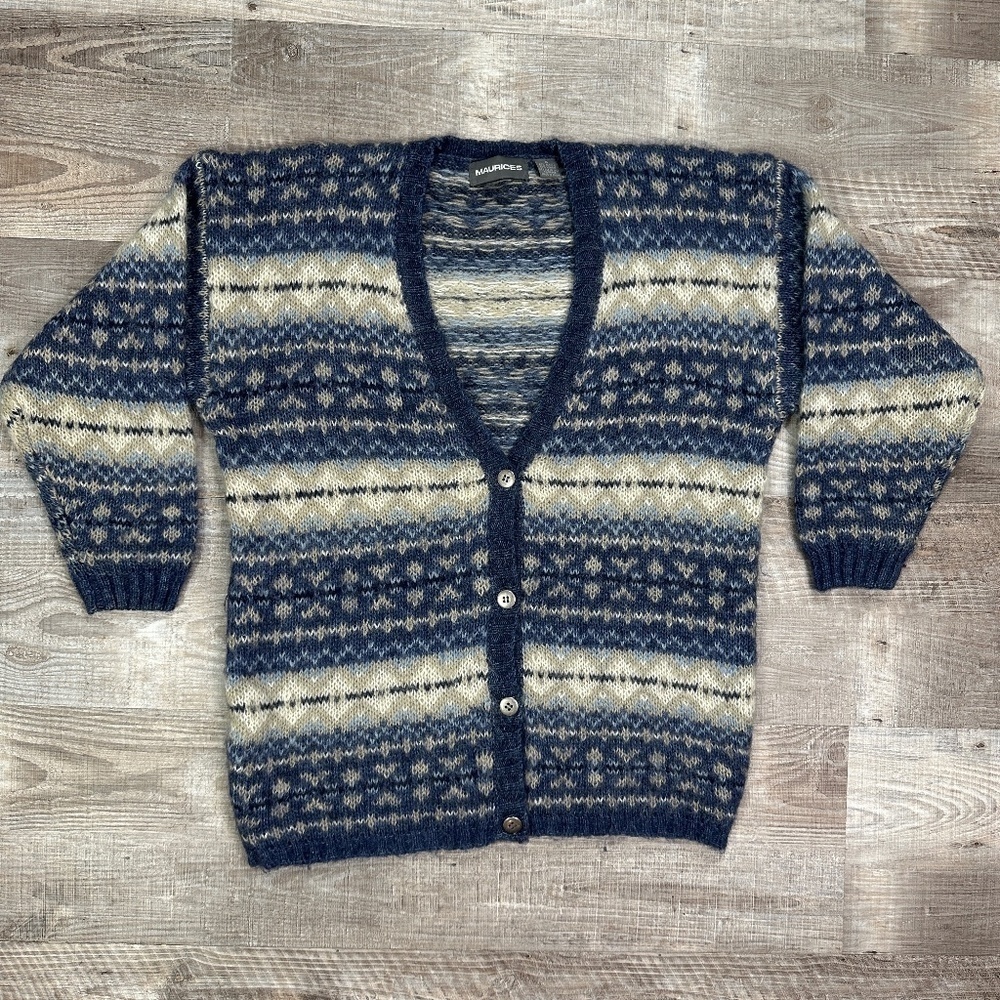 Vintage Maurices Mohair Blend V-Neck Button Cardigan Blue Gray Women's M